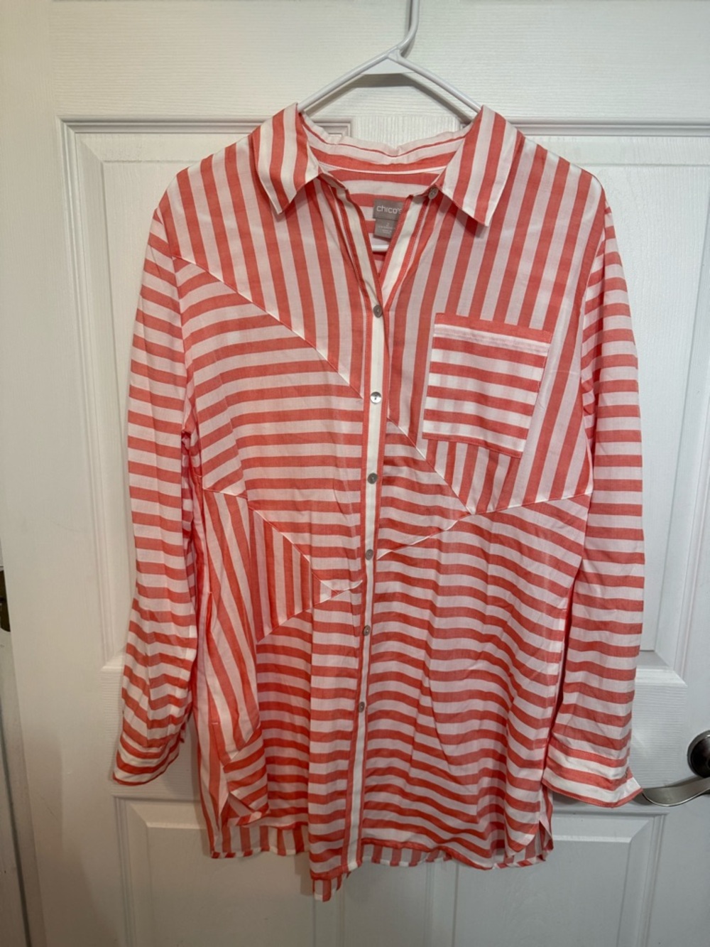 Chico's Coral and White Striped Button-Down Top